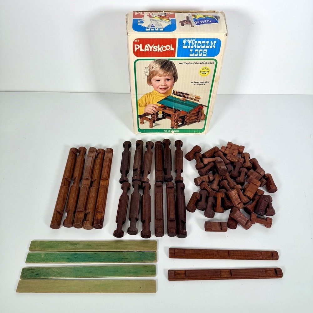 Vtg 1970s Playskool Original Lincoln Logs 884 Blacksmith Wooden Set With Box
